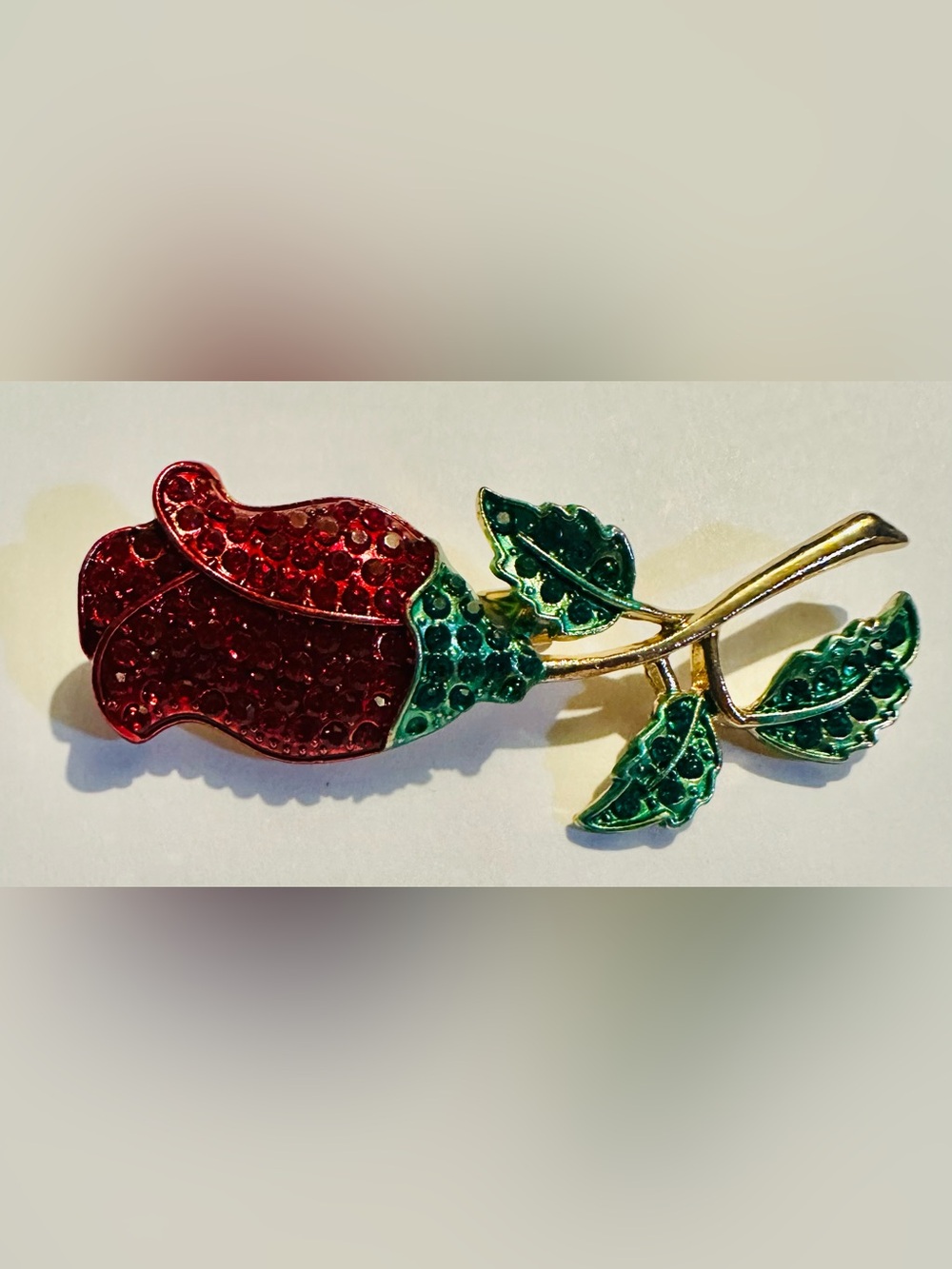 Red and Green Crystal Rose Brooch Gold Tone